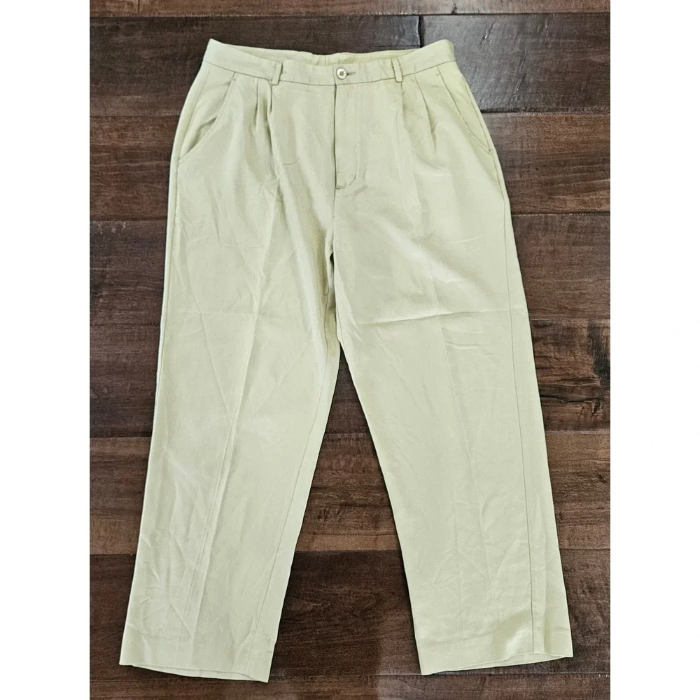 Preppy Golf Mens 38x30 Silk Viscose Pleated Dress Pants Khaki Trousers